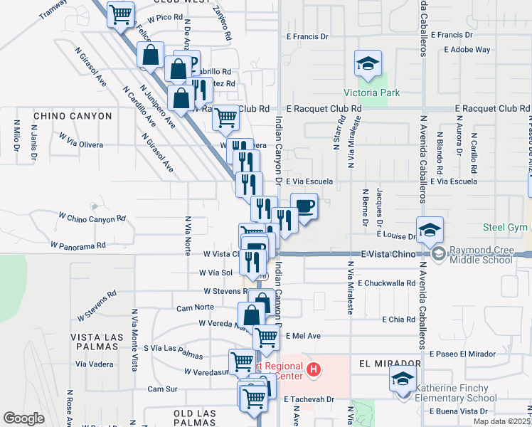 map of restaurants, bars, coffee shops, grocery stores, and more near 1900 North Palm Canyon Drive in Palm Springs