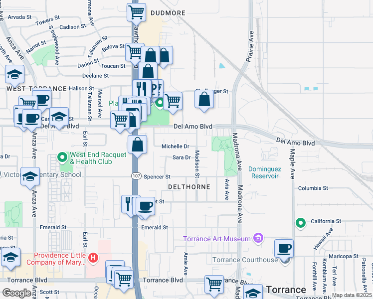 map of restaurants, bars, coffee shops, grocery stores, and more near 3564 Michelle Drive in Torrance
