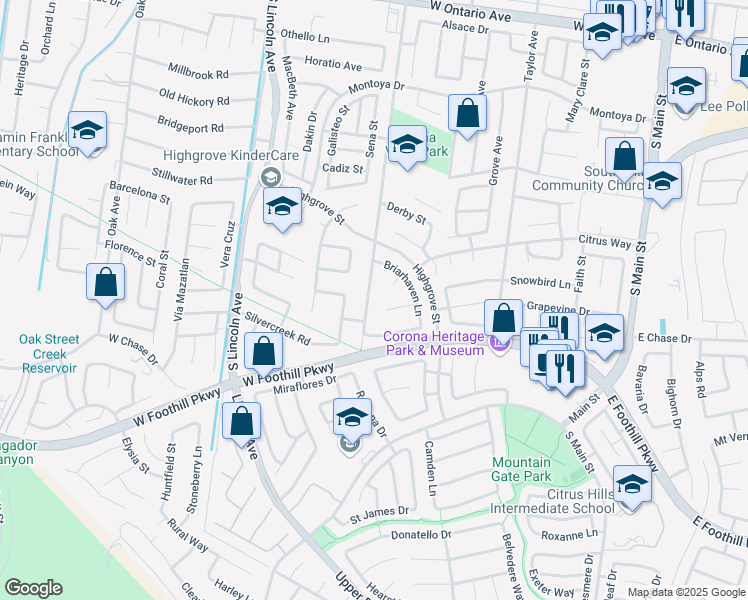 map of restaurants, bars, coffee shops, grocery stores, and more near 2961 South Buena Vista Avenue in Corona