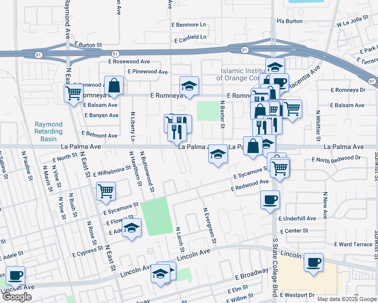 map of restaurants, bars, coffee shops, grocery stores, and more near 1525 East La Palma Avenue in Anaheim