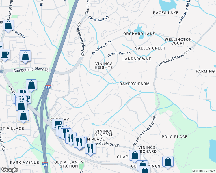 map of restaurants, bars, coffee shops, grocery stores, and more near 4412 Brookview Drive Southeast in Atlanta
