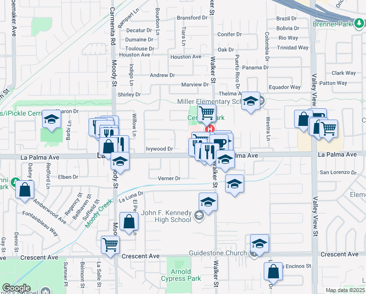 map of restaurants, bars, coffee shops, grocery stores, and more near 5321 La Palma Avenue in La Palma