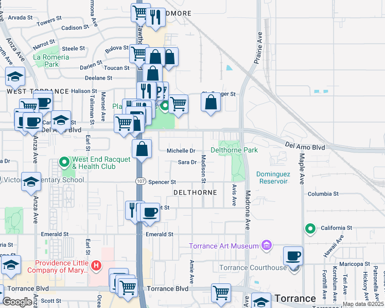 map of restaurants, bars, coffee shops, grocery stores, and more near 3564 Michelle Drive in Torrance
