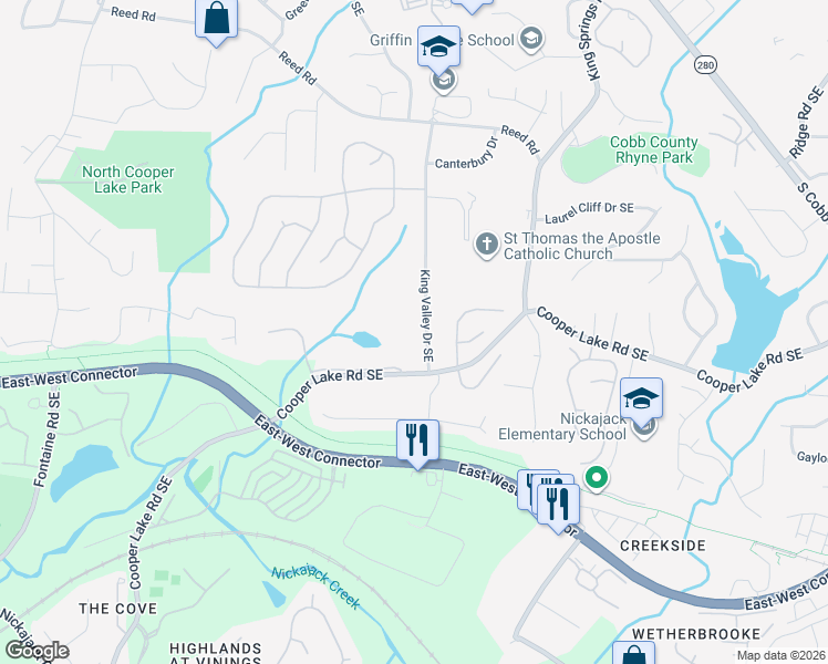 map of restaurants, bars, coffee shops, grocery stores, and more near 4368 King Valley Drive Southeast in Smyrna