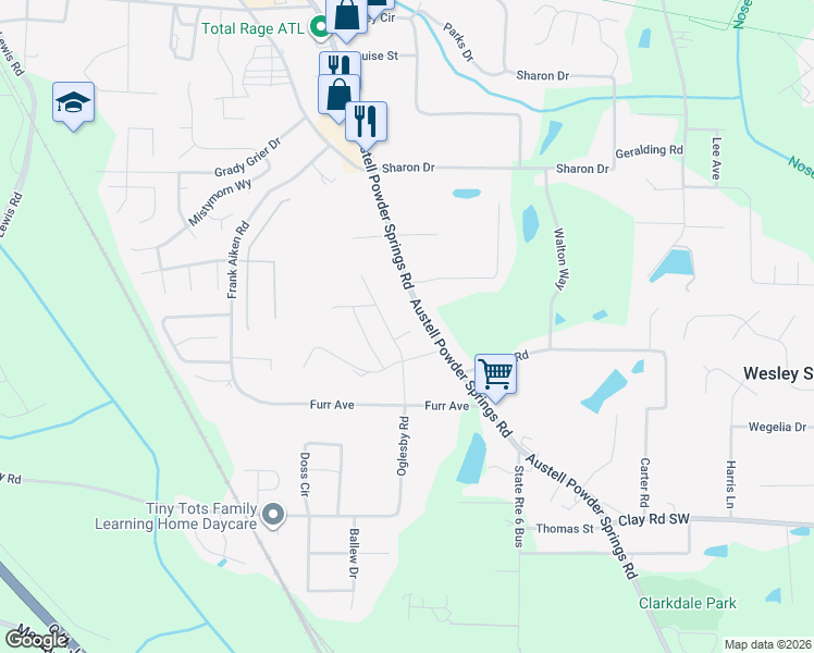 map of restaurants, bars, coffee shops, grocery stores, and more near 4388 Austell Powder Springs Road in Powder Springs