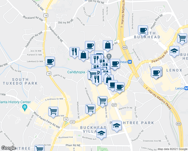 map of restaurants, bars, coffee shops, grocery stores, and more near 3291 Buckhead Forest Mews in Atlanta