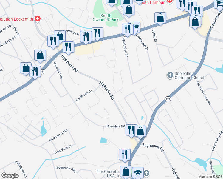 map of restaurants, bars, coffee shops, grocery stores, and more near 2891 Spruce Circle in Snellville