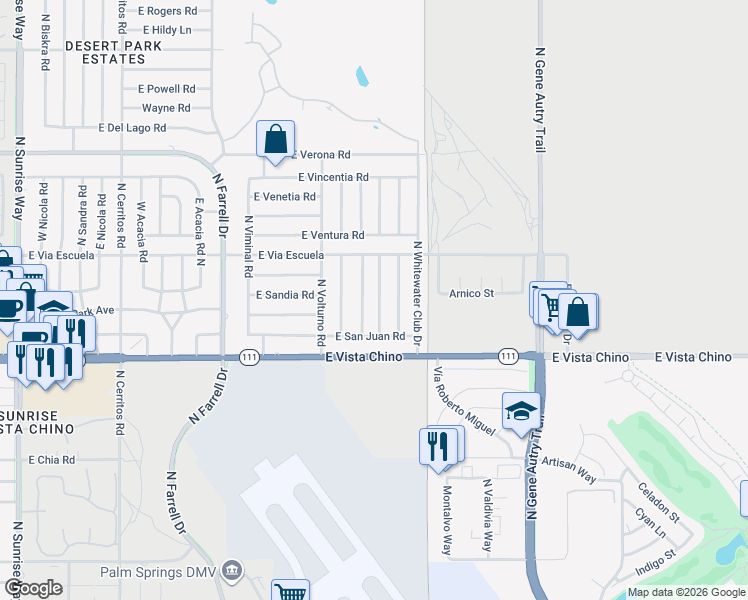map of restaurants, bars, coffee shops, grocery stores, and more near 2050 North San Clemente Road in Palm Springs