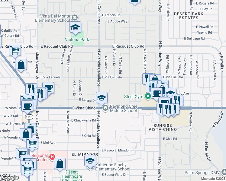 map of restaurants, bars, coffee shops, grocery stores, and more near in Palm Springs