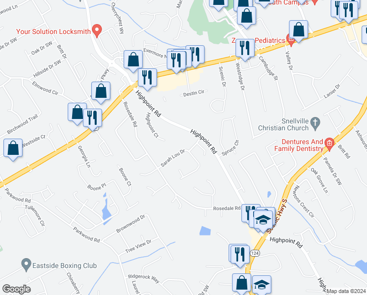 map of restaurants, bars, coffee shops, grocery stores, and more near 3157 Sarah Lou Drive in Snellville