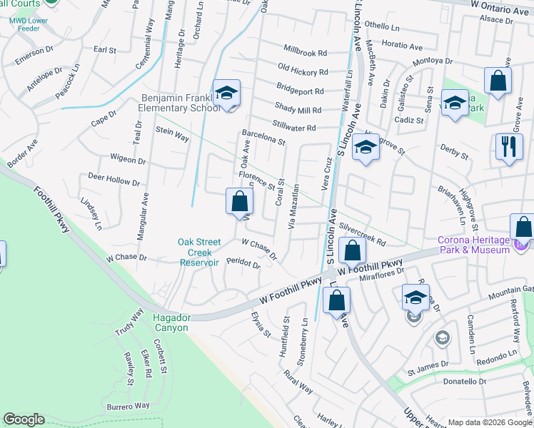map of restaurants, bars, coffee shops, grocery stores, and more near 3011 Veranda Lane in Corona