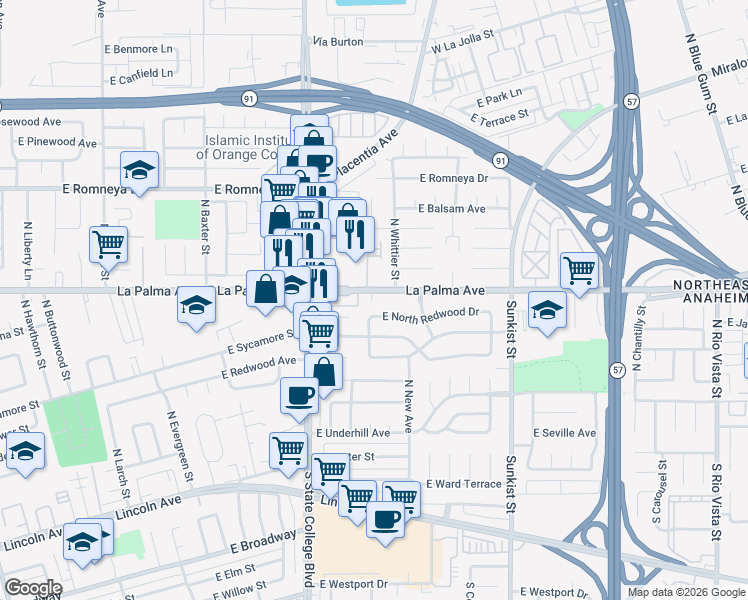 map of restaurants, bars, coffee shops, grocery stores, and more near 2204 East La Palma Avenue in Anaheim