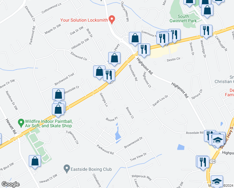 map of restaurants, bars, coffee shops, grocery stores, and more near 2266 Thackery Road Southwest in Snellville