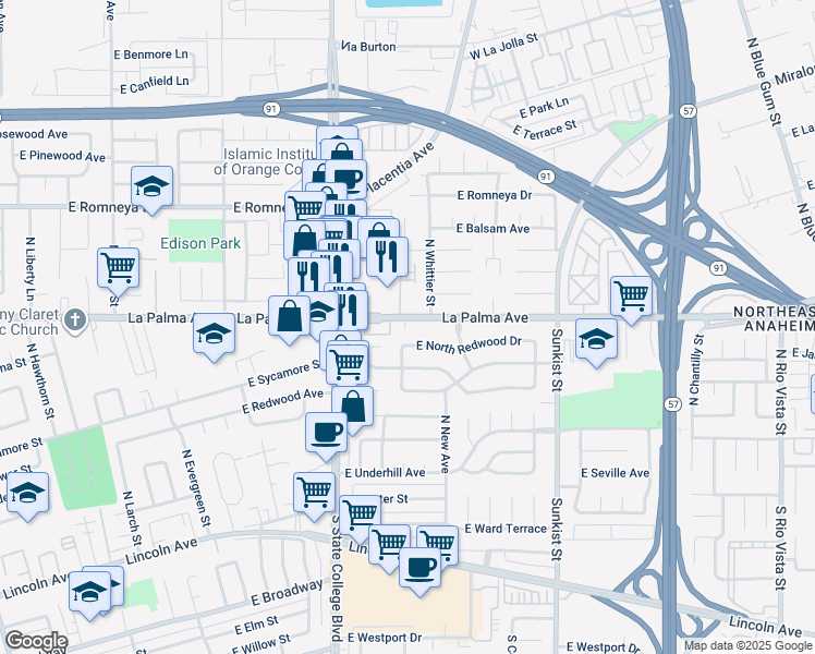 map of restaurants, bars, coffee shops, grocery stores, and more near 2204 East La Palma Avenue in Anaheim