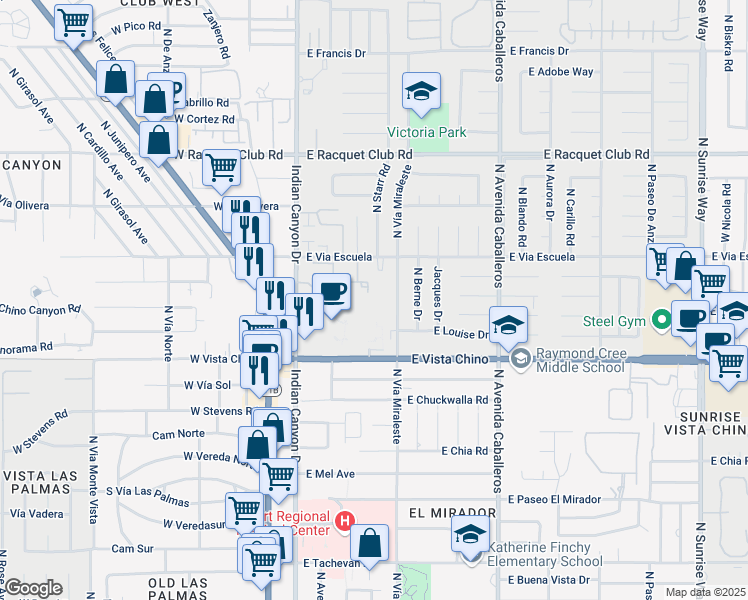 map of restaurants, bars, coffee shops, grocery stores, and more near 2023 North Vía Miraleste in Palm Springs