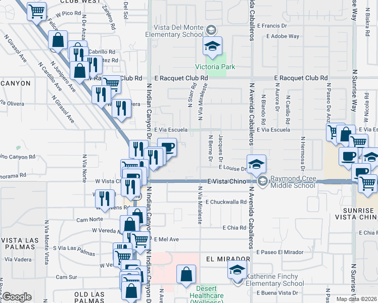 map of restaurants, bars, coffee shops, grocery stores, and more near in Palm Springs