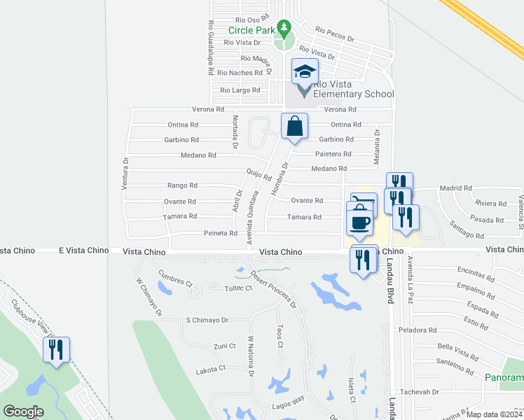 map of restaurants, bars, coffee shops, grocery stores, and more near 27695 Hombria Drive in Cathedral City