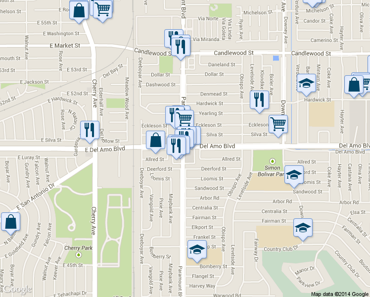 map of restaurants, bars, coffee shops, grocery stores, and more near 2710 Del Amo Boulevard in Lakewood