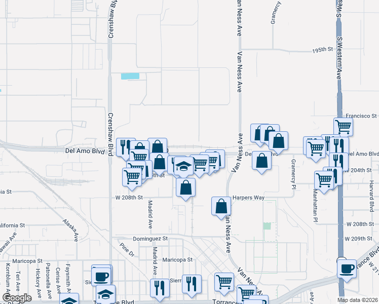 map of restaurants, bars, coffee shops, grocery stores, and more near 2 Del Amo Circle East in Torrance