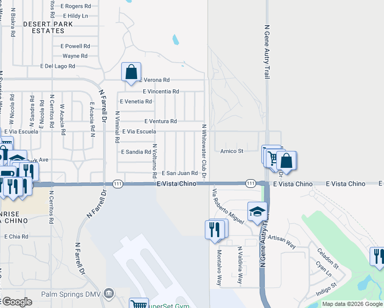 map of restaurants, bars, coffee shops, grocery stores, and more near 1979 North Los Alamos Road in Palm Springs