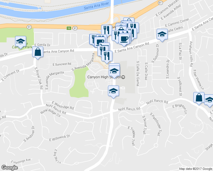 map of restaurants, bars, coffee shops, grocery stores, and more near 5627 East Plaza De Indios in Anaheim
