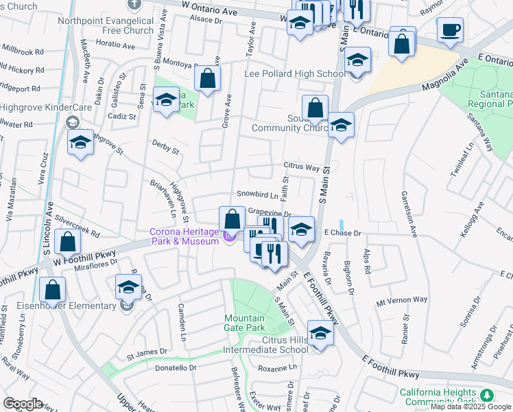 map of restaurants, bars, coffee shops, grocery stores, and more near 457 Grapevine Drive in Corona