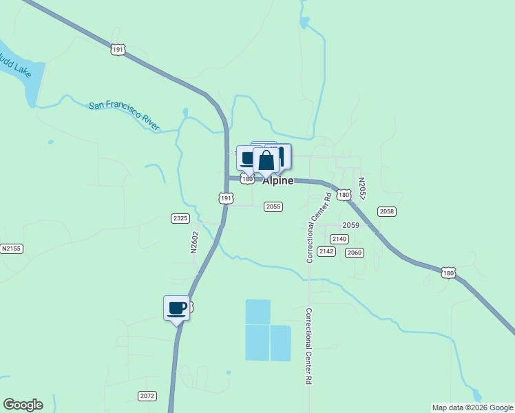 map of restaurants, bars, coffee shops, grocery stores, and more near 1st South Street in Alpine