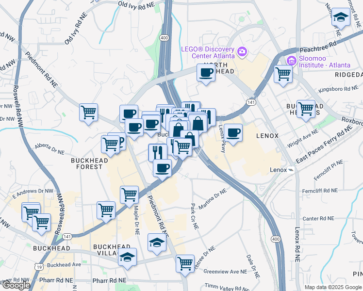 map of restaurants, bars, coffee shops, grocery stores, and more near 3344 Peachtree Road in Atlanta