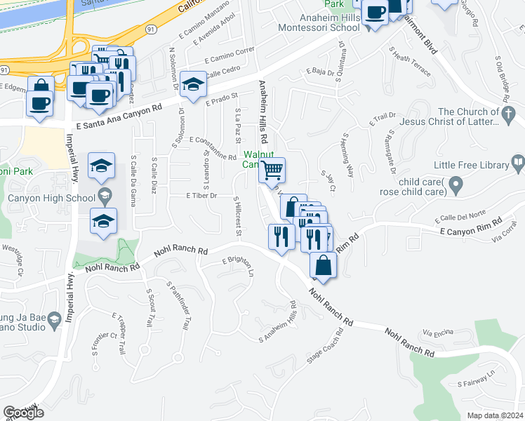 map of restaurants, bars, coffee shops, grocery stores, and more near 328 Auburn Heights Lane in Anaheim