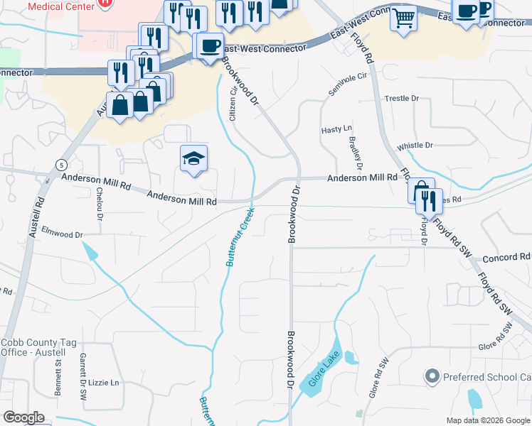 map of restaurants, bars, coffee shops, grocery stores, and more near 1356 Silvergate Drive in Mableton
