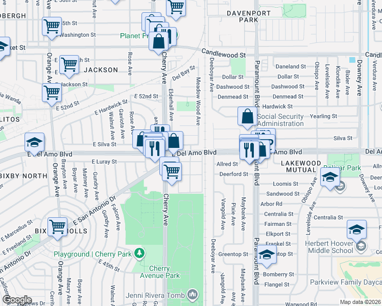 map of restaurants, bars, coffee shops, grocery stores, and more near East Del Amo Boulevard & Clair Del Avenue in Long Beach