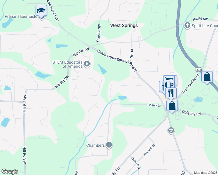 map of restaurants, bars, coffee shops, grocery stores, and more near 5251 Cherry Lane in Powder Springs