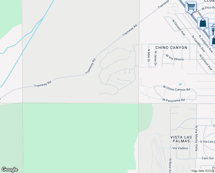 map of restaurants, bars, coffee shops, grocery stores, and more near 2365 Vista Distancia Court in Palm Springs
