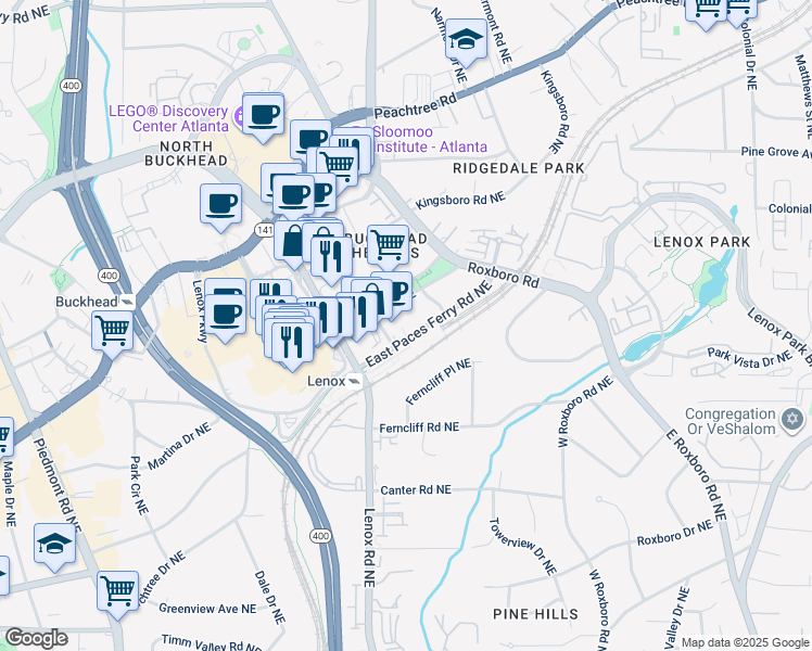 map of restaurants, bars, coffee shops, grocery stores, and more near 960 East Paces Ferry Road Northeast in Atlanta