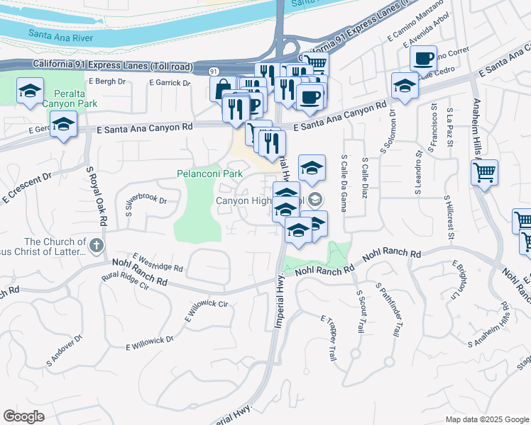 map of restaurants, bars, coffee shops, grocery stores, and more near 5627 East Plaza De Indios in Anaheim