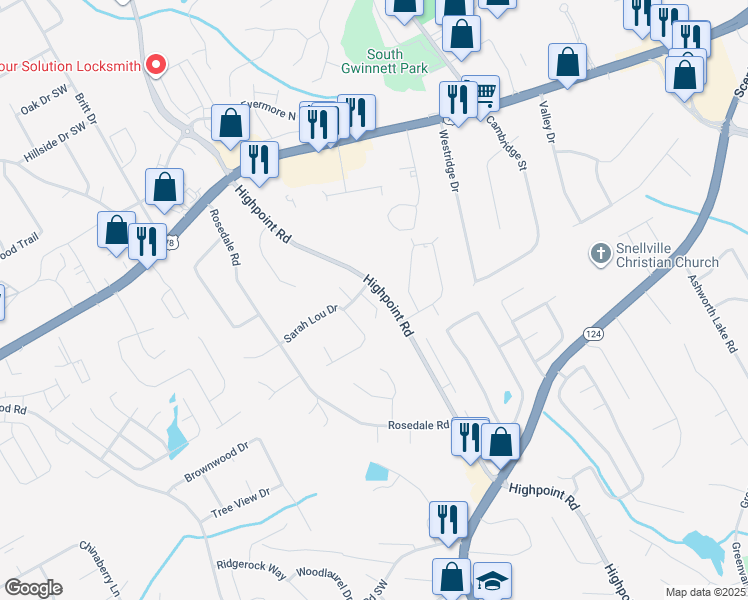 map of restaurants, bars, coffee shops, grocery stores, and more near 2332 Highpoint Road in Snellville