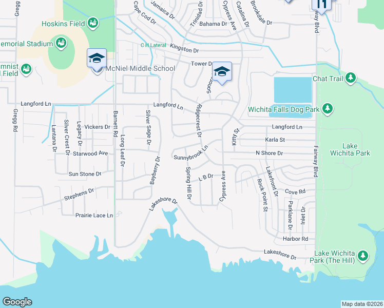 map of restaurants, bars, coffee shops, grocery stores, and more near 5308 Ridgecrest Drive in Wichita Falls