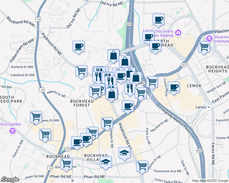 map of restaurants, bars, coffee shops, grocery stores, and more near 100 Tower Place Drive Northeast in Atlanta