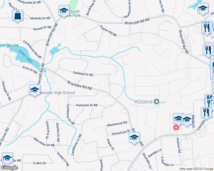 map of restaurants, bars, coffee shops, grocery stores, and more near 2146 Greensward Drive Northeast in Atlanta