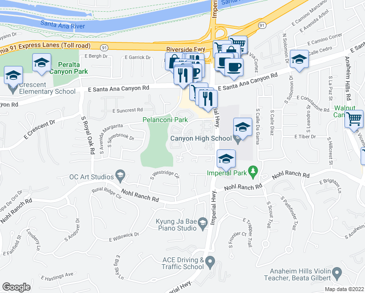 map of restaurants, bars, coffee shops, grocery stores, and more near 5512 East Vista Del Dia in Anaheim