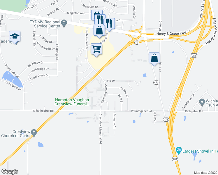 map of restaurants, bars, coffee shops, grocery stores, and more near 5402 Carlson Street in Wichita Falls