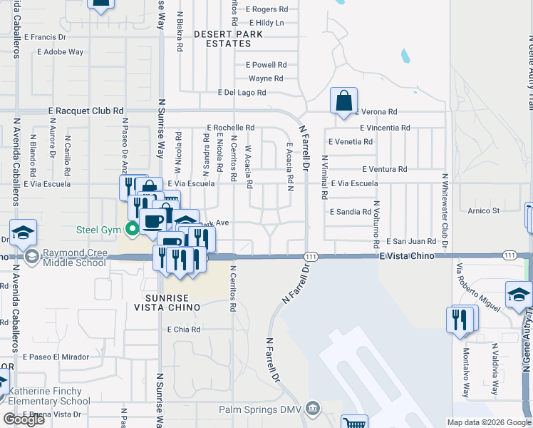 map of restaurants, bars, coffee shops, grocery stores, and more near 2025 North Victoria Road in Palm Springs
