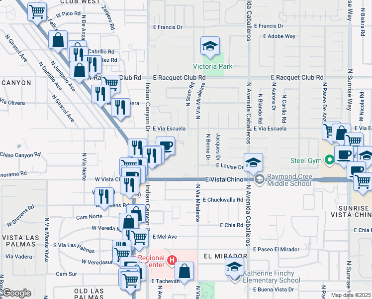 map of restaurants, bars, coffee shops, grocery stores, and more near 1995 North Vía Miraleste in Palm Springs
