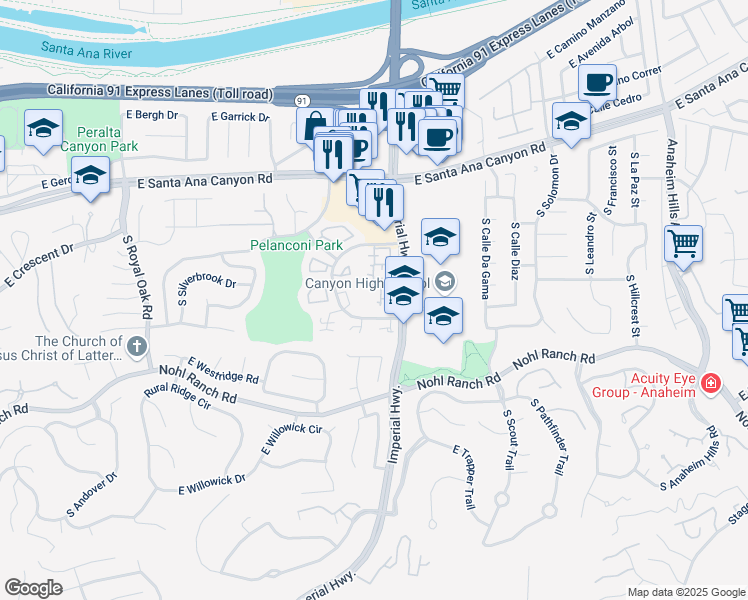 map of restaurants, bars, coffee shops, grocery stores, and more near 248 Vista Del Monte in Anaheim