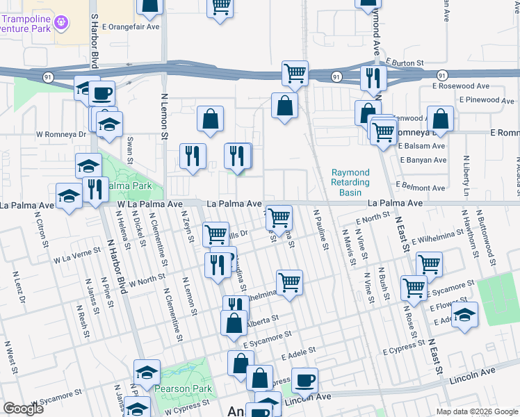 map of restaurants, bars, coffee shops, grocery stores, and more near 925 North Olive Street in Anaheim