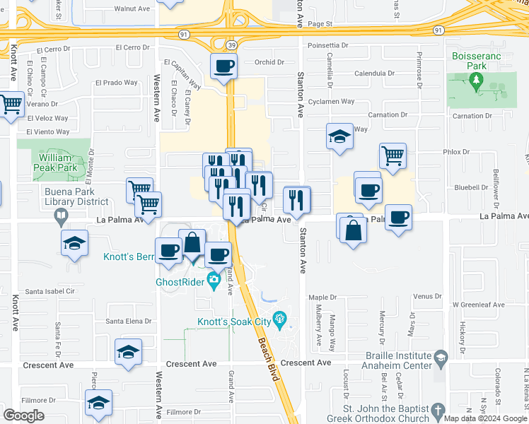 map of restaurants, bars, coffee shops, grocery stores, and more near 7891 Oleander Circle in Buena Park
