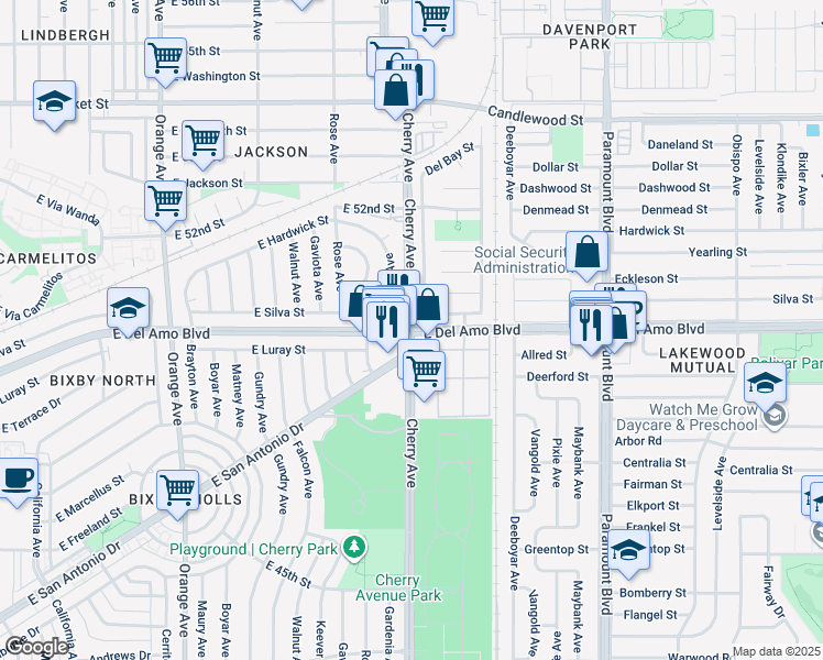 map of restaurants, bars, coffee shops, grocery stores, and more near 5007 Del Hollow Street in Lakewood