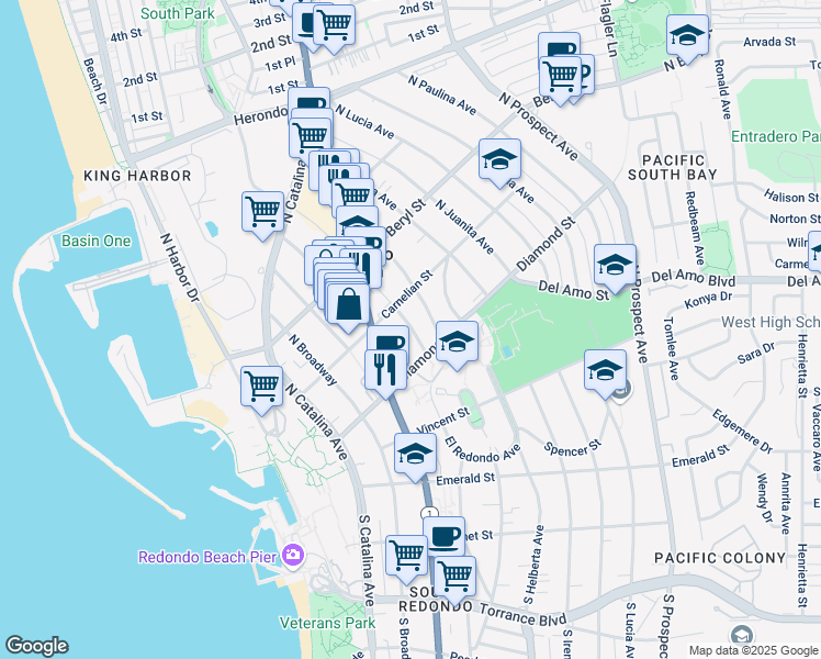 map of restaurants, bars, coffee shops, grocery stores, and more near 519 North Guadalupe Avenue in Redondo Beach