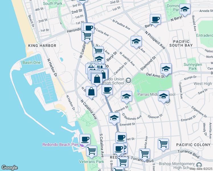 map of restaurants, bars, coffee shops, grocery stores, and more near 402 North Pacific Coast Highway in Redondo Beach