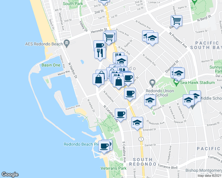 map of restaurants, bars, coffee shops, grocery stores, and more near 220 Beryl Street in Redondo Beach